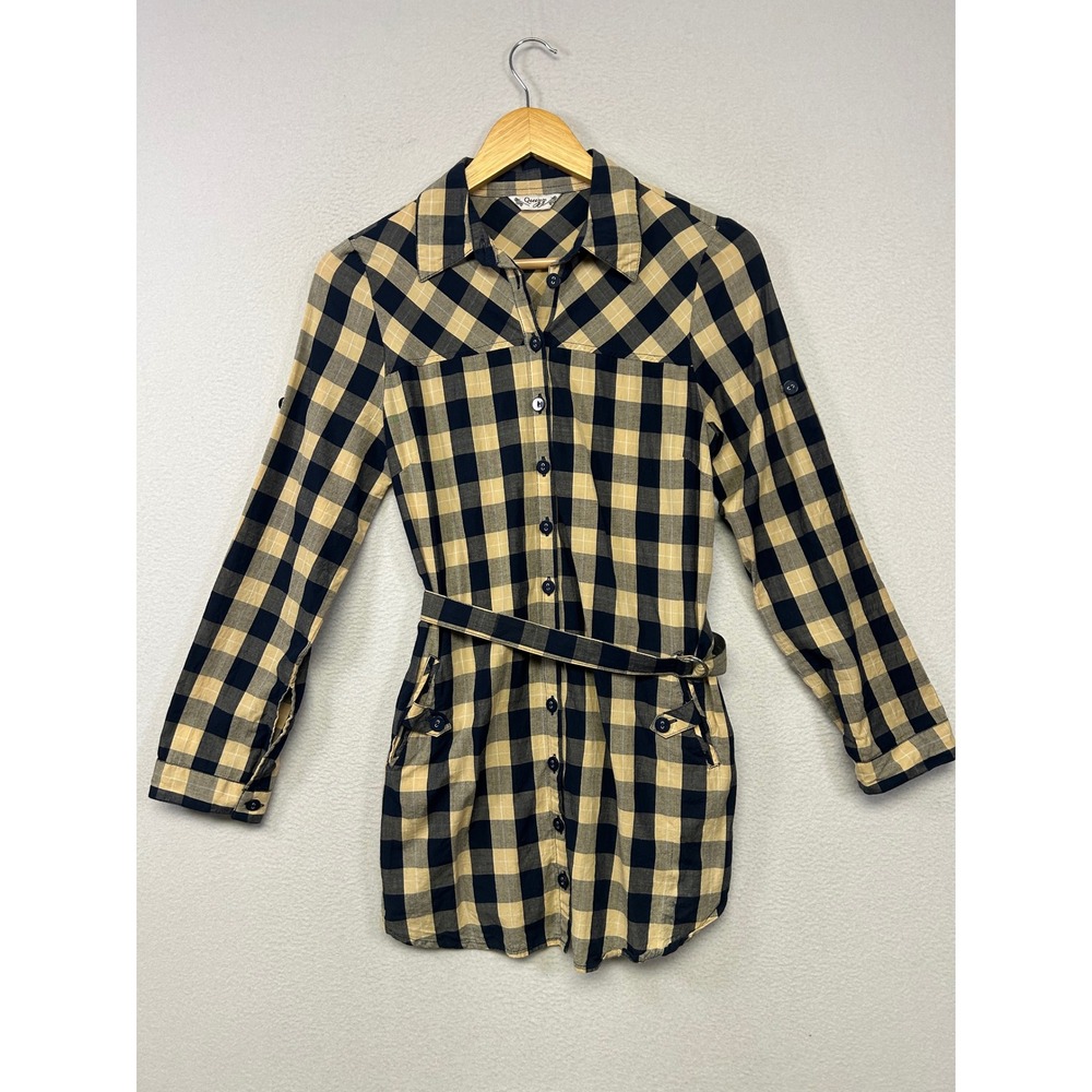 Western Plaid Quizz Womens Small Navy Tan Belted Button Down Shirt Dress